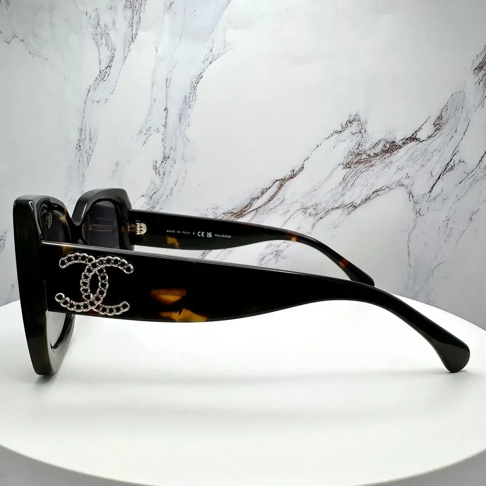 New CHANEL Sunglasses Brown Acetate Tortoise Square Gold Metal Chain CC - Picture 4 of 16